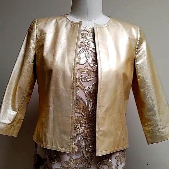Linda Allard Ellen Tracy Gold Leather Cropped Jacket Size 2 Petite